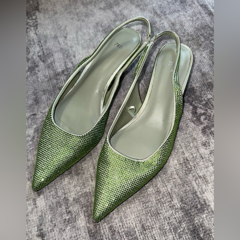 Zara Green Bedazzled Slingback Kitten Heels
